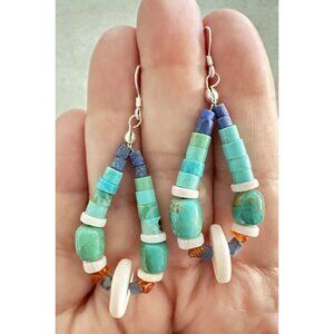 Genuine Gemstone Heishi Beaded Earrings Handmade Turquoise & Lapis Navajo Design